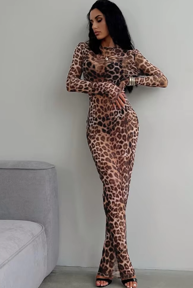 Leopard Print Mesh O Neck Long Sleeve Sexy See Through Maxi Dress Women Fashion