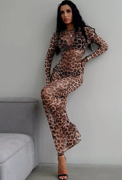 Leopard Print Mesh O Neck Long Sleeve Sexy See Through Maxi Dress Women Fashion
