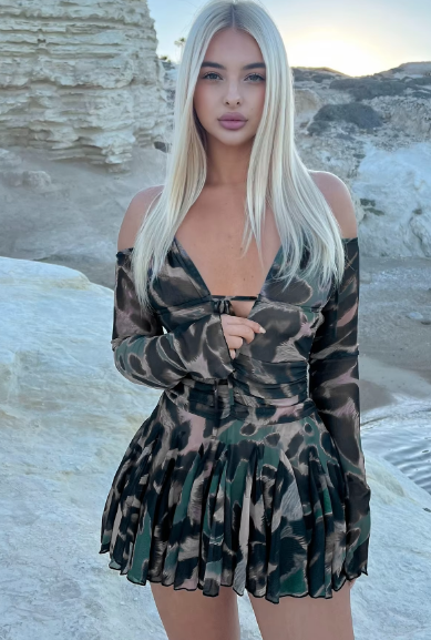 Leopard Print Halter Long Sleeve Lace Up Pleated Sexy Slim Mini Dress Women Fashion Y2K Clothes Streetwear Vacation