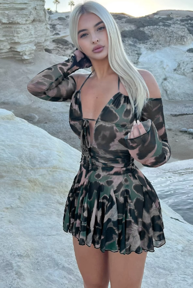 Leopard Print Halter Long Sleeve Lace Up Pleated Sexy Slim Mini Dress Women Fashion Y2K Clothes Streetwear Vacation