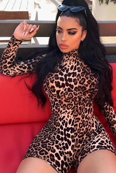 Long sleeve tiger leopard print sexy bodycon playsuit women streetwear club body cute outfits