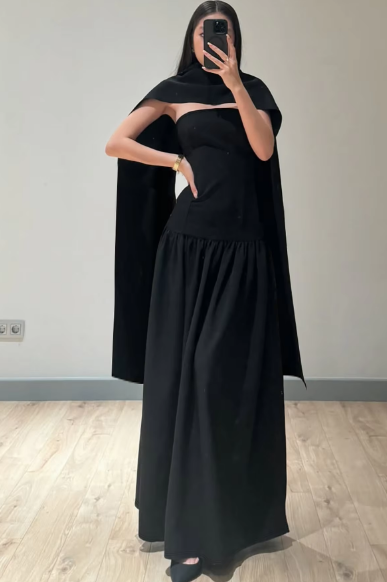 Fashion Solid Button Cloak Strapless Backless Bandage Draped Sexy Maxi Dress Women Clothes Streetwear Party
