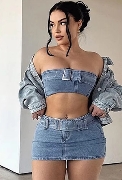 Denim Women Fashion Sets Strapless Belt Sexy Crop Top Zip Up Button Skirt