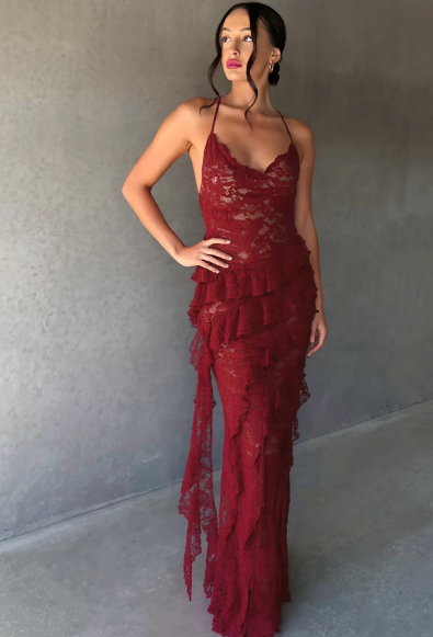 Women'S Fashion Lace Print Backless Sexy Lace Up Pleated Tie Flower Maxi Dress See Through