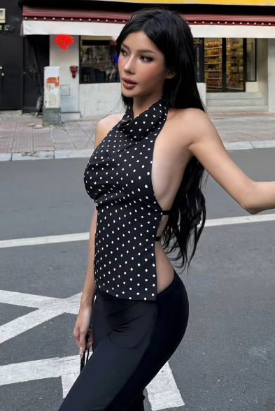 Fashion Polka Dot Print Halter Backless Buttons Sexy Slim Crop Tank Top Women