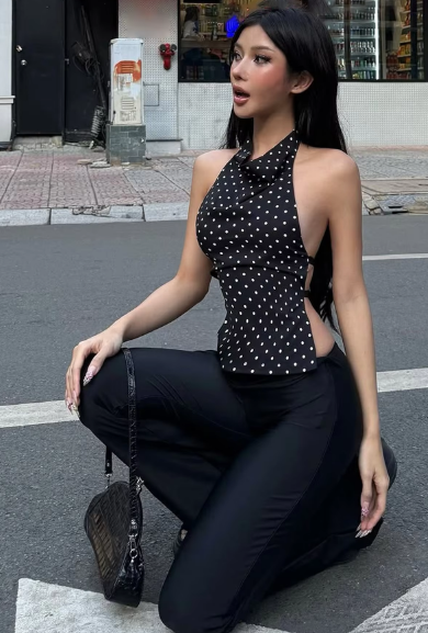 Fashion Polka Dot Print Halter Backless Buttons Sexy Slim Crop Tank Top Women