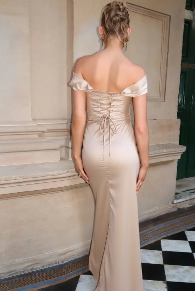 Stain Straps Solid Ruched Lace Up Zipper Slit Sexy Elegant Maxi Prom Dress Women