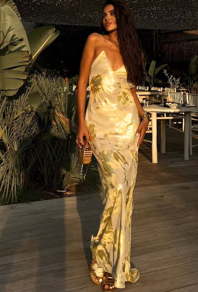 Vintage V Neck Slips Backless Elegant Sexy Bodycon Maxi Prom Dress Spring Women Elegant