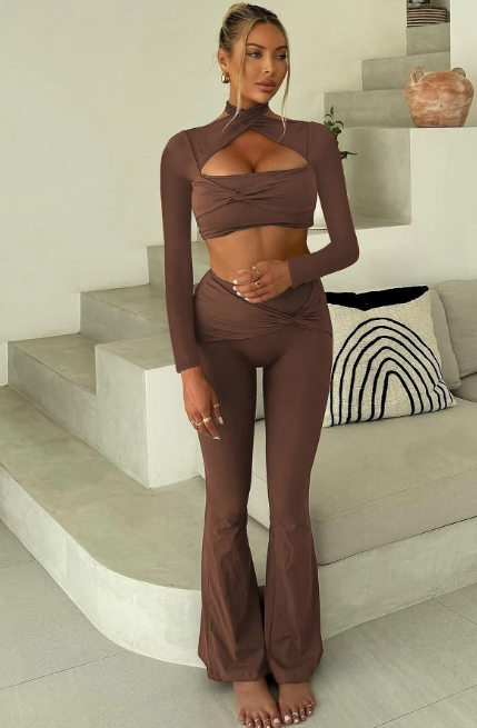 Solid Halter Long Sleeve Hollow Out Ruched Sexy Crop Top Wide Leg Pants 2 Pcs Sets Fashion Y2K Outfit Festival Party