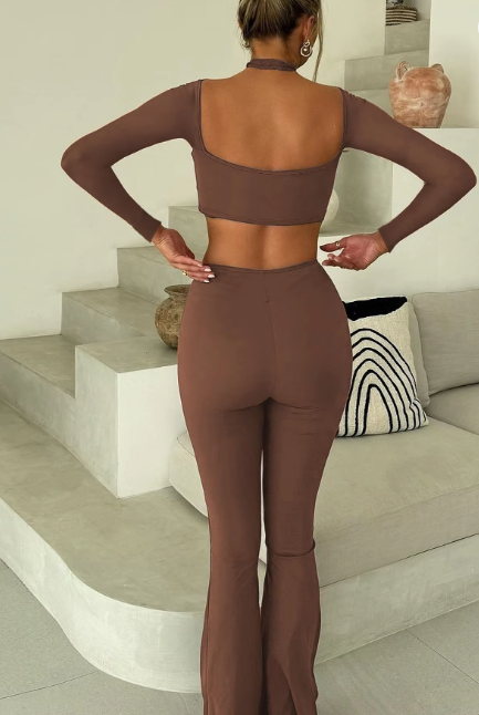 Solid Halter Long Sleeve Hollow Out Ruched Sexy Crop Top Wide Leg Pants 2 Pcs Sets Fashion Y2K Outfit Festival Party