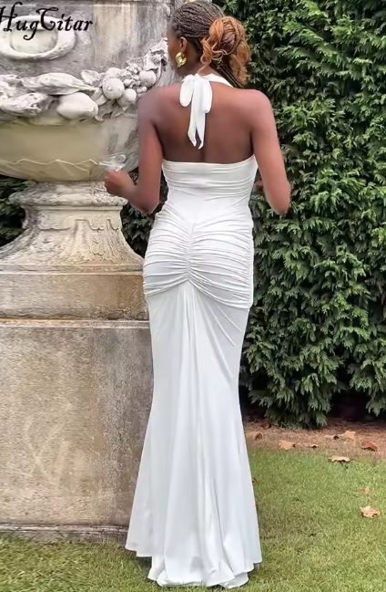 Halter V Neck Ruched Backless Sexy Bandage Draped Sexy Maxi Dress