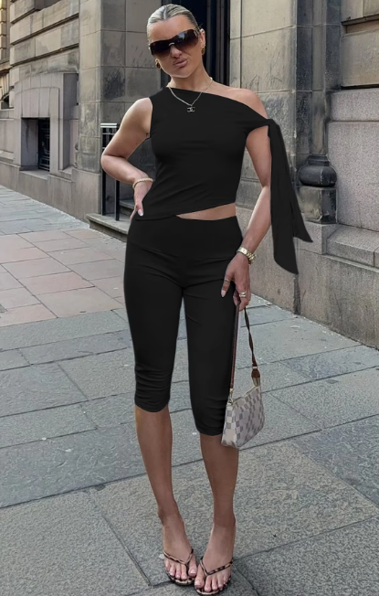 Fashion Matching Sets Skew Collar Bandage Sexy Crop Tank Top Knee Length Pants Y2K Women Outfits Festival Party
