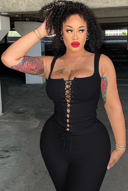 Solid Cut Out Bandage Sexy Crop Tank Top Pants 2 Pcs matching Sets Summer Fashion Women Clothes Vacation Streetwear