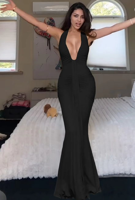 Halter V Neck Ruched Backless Sexy Bandage Draped Sexy Maxi Dress