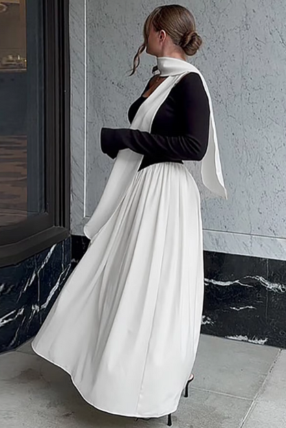 Fashion Matching Color Square Collar Scarf Long Sleeve Ruched Sexy Maxi Dress Slim Women Clothes Party Festival