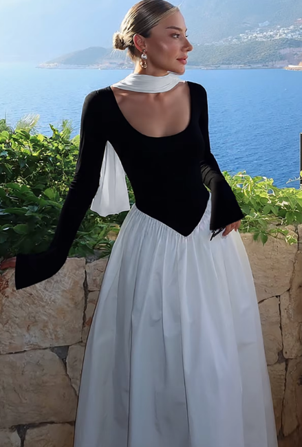 Fashion Matching Color Square Collar Scarf Long Sleeve Ruched Sexy Maxi Dress Slim Women Clothes Party Festival
