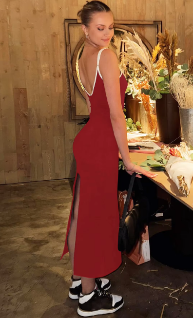 Women Elegant V Neck Slips Lace Up Slit Sexy Slim Maxi Prom Dress Summer New Y2K Clothes Birthday Party Vacation