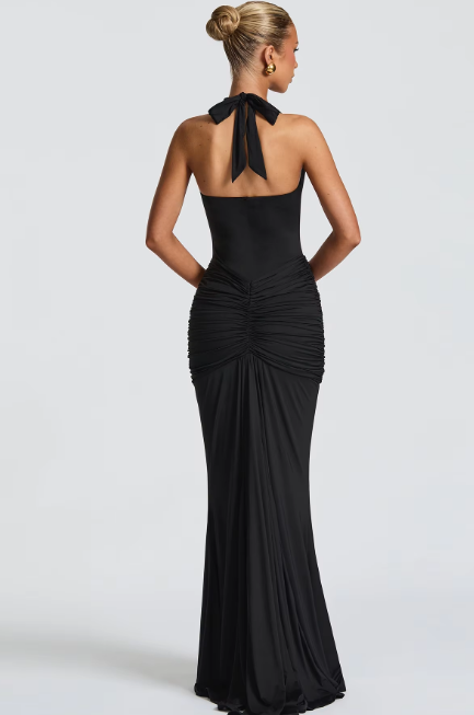 Halter V Neck Ruched Backless Sexy Bandage Draped Sexy Maxi Dress
