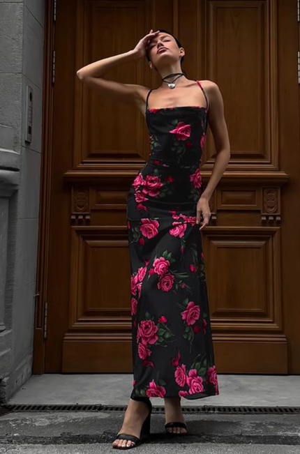 Floral Print Slips Backless Lace Up Sexy Bodycon Maxi Prom Dress Women Elegant Clothes Birthday Party Festival