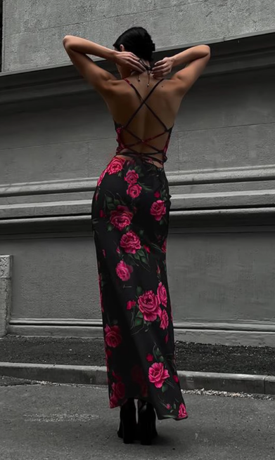 Floral Print Slips Backless Lace Up Sexy Bodycon Maxi Prom Dress Women Elegant Clothes Birthday Party Festival