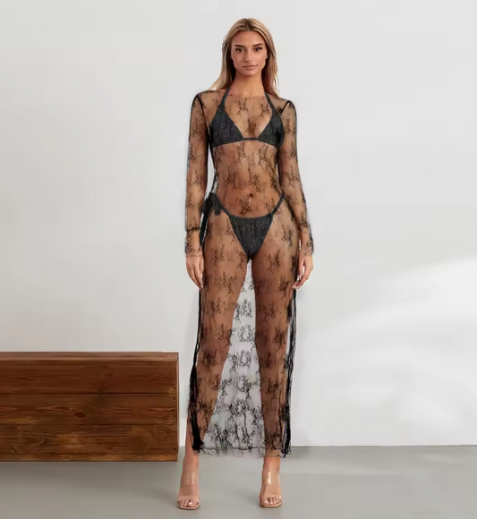Women’s See-Through Lace Dress Long Sleeve Round Neck Slit Hem Dress Chemise Beach Vacation Party Wear Streetwear