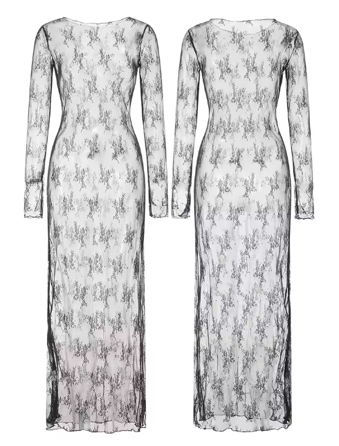Women’s See-Through Lace Dress Long Sleeve Round Neck Slit Hem Dress Chemise Beach Vacation Party Wear Streetwear