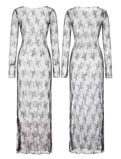 Women’s See-Through Lace Dress Long Sleeve Round Neck Slit Hem Dress Chemise Beach Vacation Party Wear Streetwear