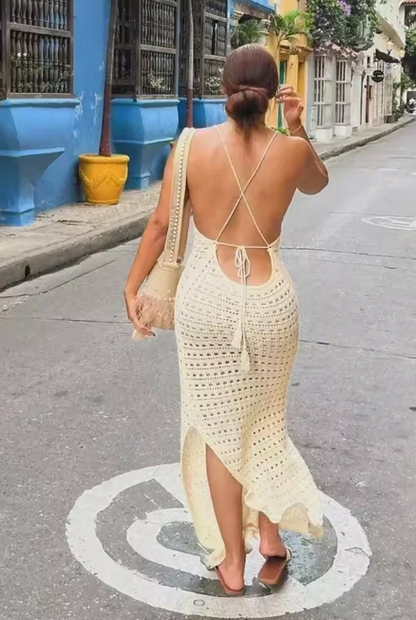 Sexy Knit Cut Out Tassel Spaghetti Strap Bodycon Beach Maxi Dress Summer Women's Holiday Club Party Outfit Swimsuit Cover