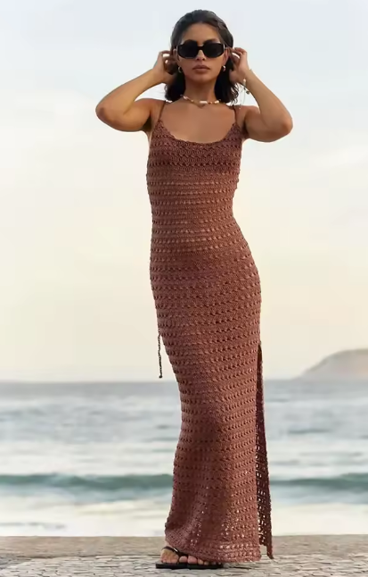 Sexy Knit Cut Out Tassel Spaghetti Strap Bodycon Beach Maxi Dress Summer Women's Holiday Club Party Outfit Swimsuit Cover