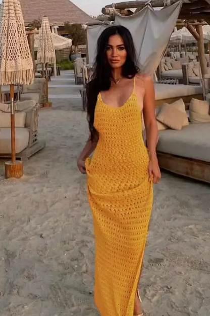 Sexy Knit Cut Out Tassel Spaghetti Strap Bodycon Beach Maxi Dress Summer Women's Holiday Club Party Outfit Swimsuit Cover